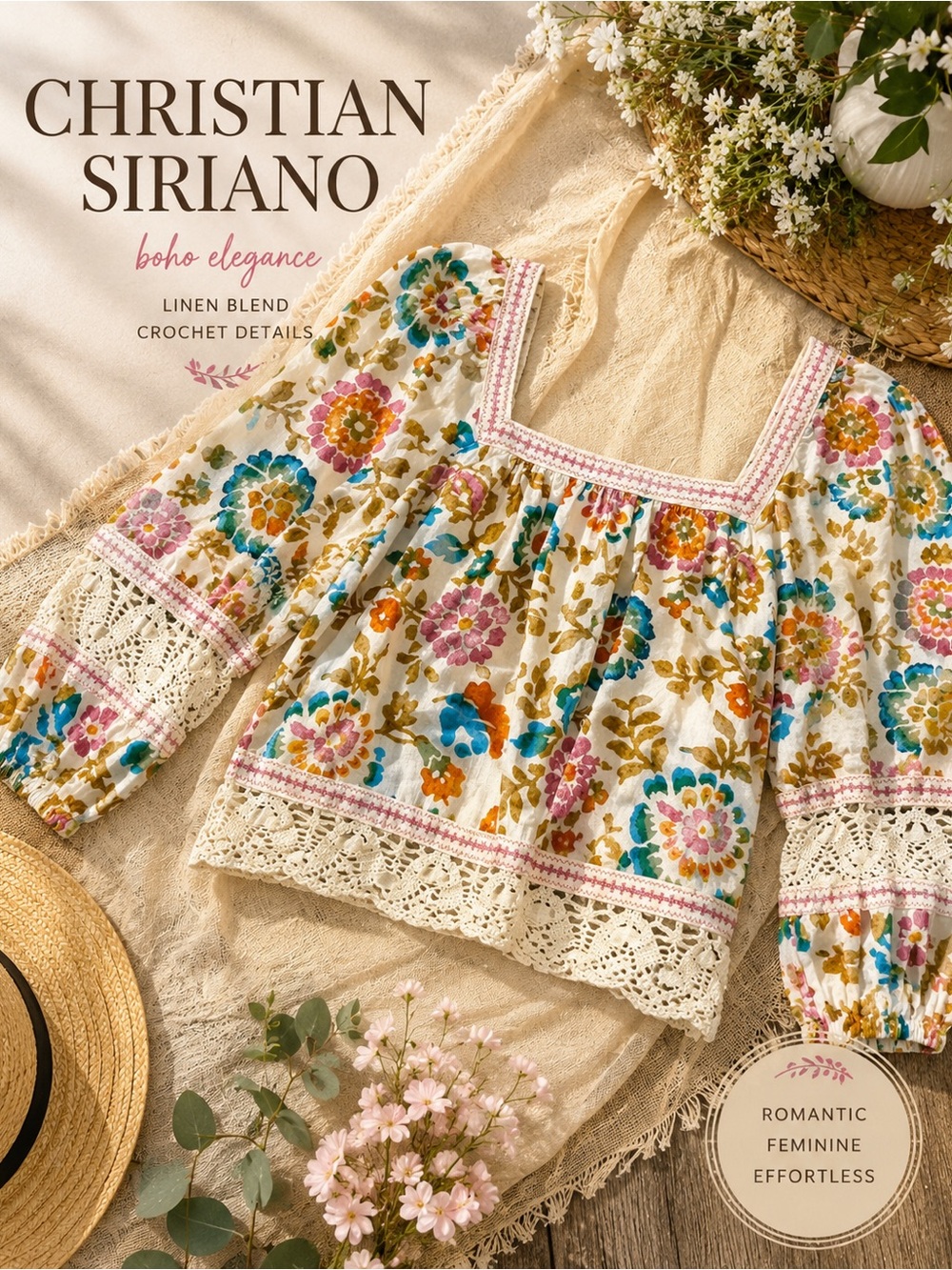 Christian Siriano Floral Linen Blend Crochet Lace Boho Peasant Top OSFA